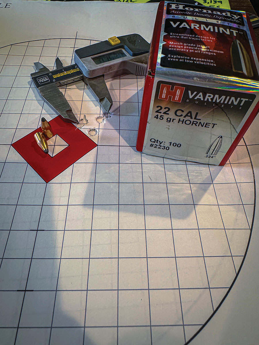 An impressive five-shot group from the Hornady 45-grain Hornet bullet measured .763 inch.